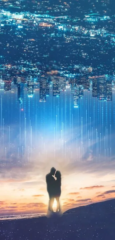 Romantic couple silhouette with cityscape and sky.