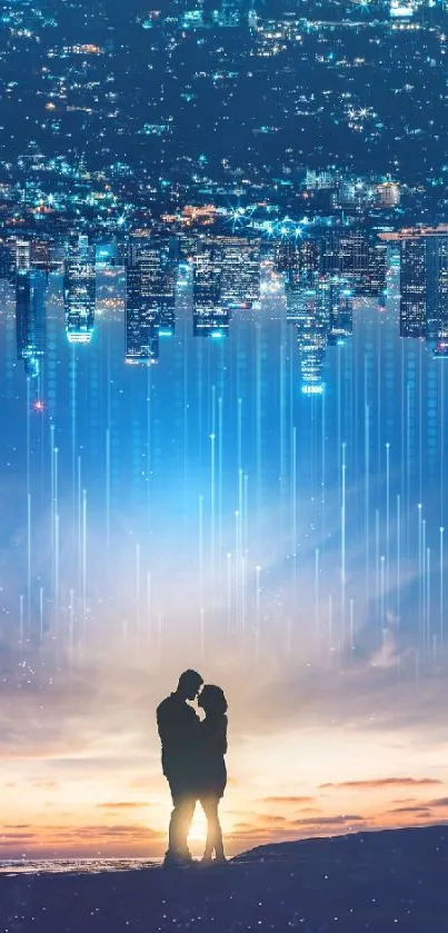 Silhouette of couple with city skyline in blue hue.