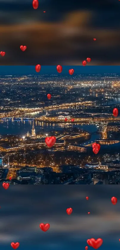 Night cityscape with red hearts floating in the sky, illuminated by city lights.