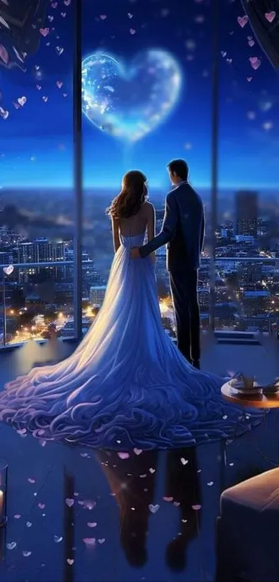 Romantic couple overlooking a city with a heart-shaped sky.