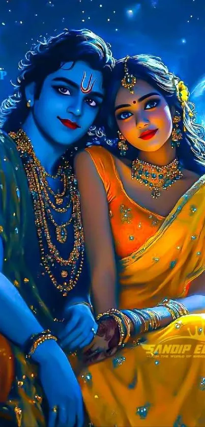 Vibrant divine deity couple illustration in rich colors.