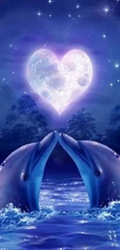 Romantic dolphins kissing under a heart-shaped moon in a starry night.