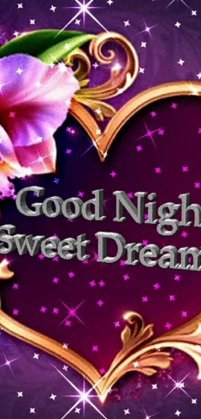 Romantic purple heart with 'Good Night Sweet Dreams' text.