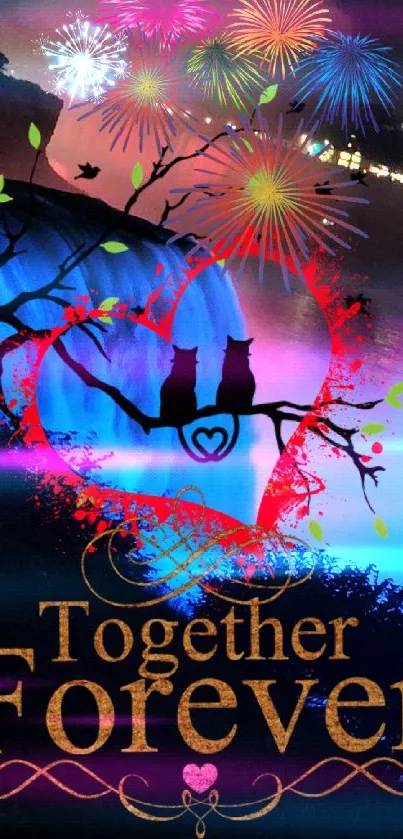 Romantic night wallpaper with fireworks and two cats, reading 'Together Forever'.