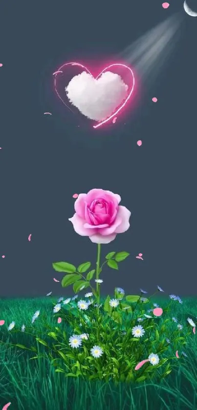 Romantic wallpaper with glowing heart and pink rose under night sky.