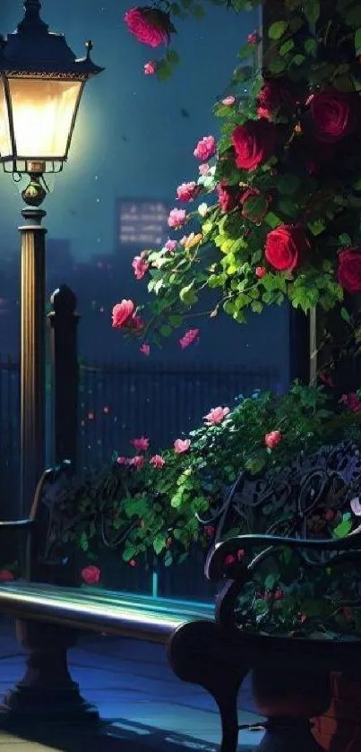 Serene night garden with lamp and roses.