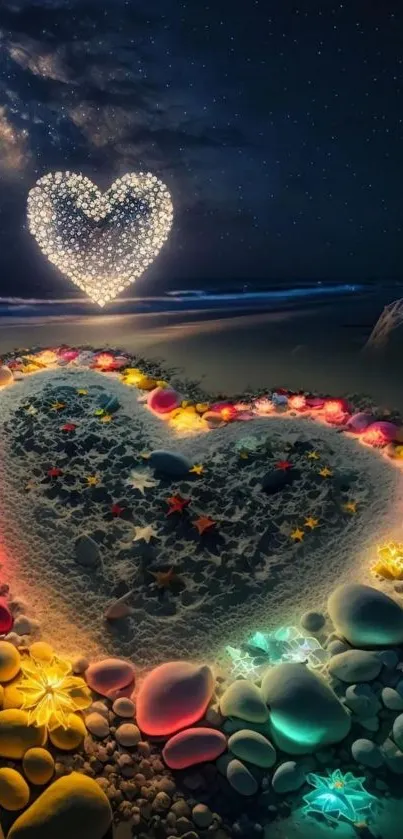 Illuminated heart design on starlit beach nightscape showing colorful stones.