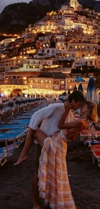 Romantic couple embracing on Positano's beach at night.