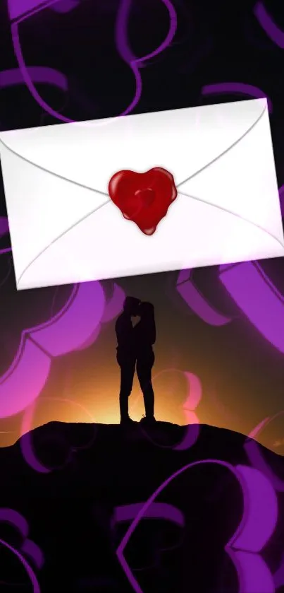 Romantic silhouette couple with love letter at sunset.