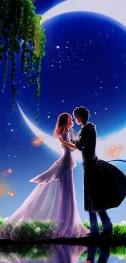 Romantic couple under a crescent moon in a magical night setting.