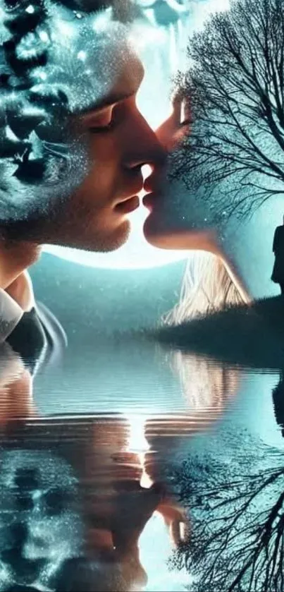 Romantic couple silhouette under moonlight with water reflection.