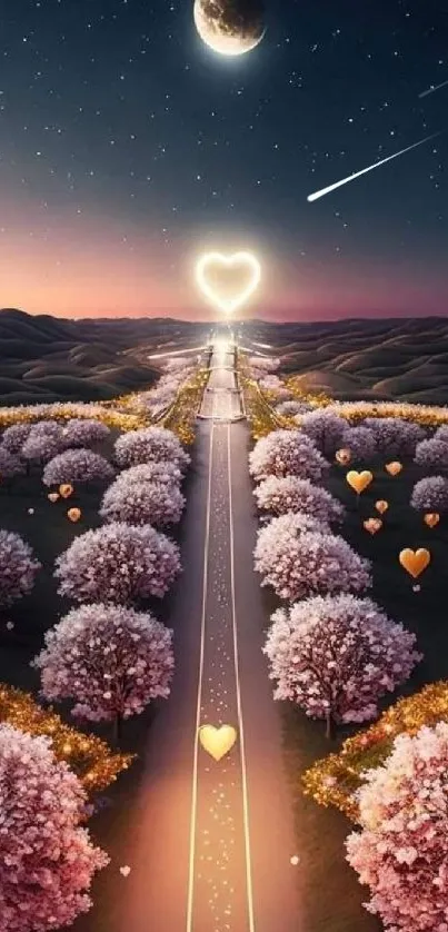 Dreamy heart-shaped road under a starry sky with pink blooming trees.