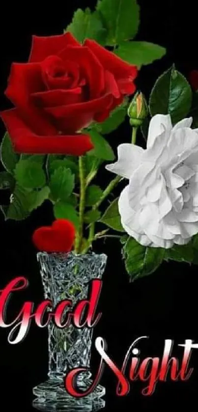 Red and white roses in a crystal vase with 'Good Night' text.