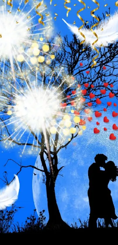 Silhouette of couple under moonlit sky with feathers and hearts.