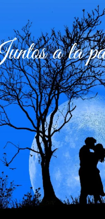 Romantic couple silhouette under a blue moonlit sky.