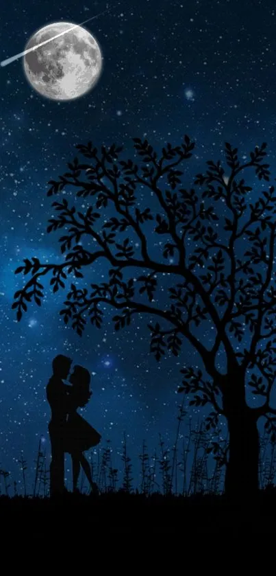 Silhouette of couple under a starry night sky with a bright moon.