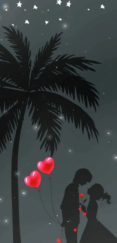 Romantic silhouette with red hearts under starry sky.