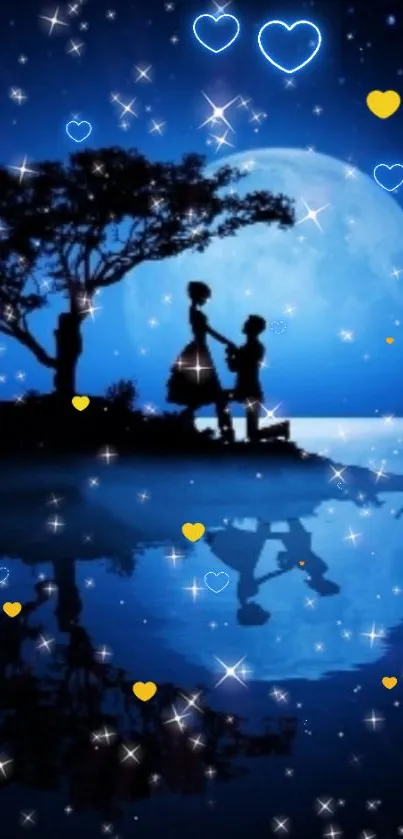 Romantic silhouette under moonlit blue sky with stars and hearts.