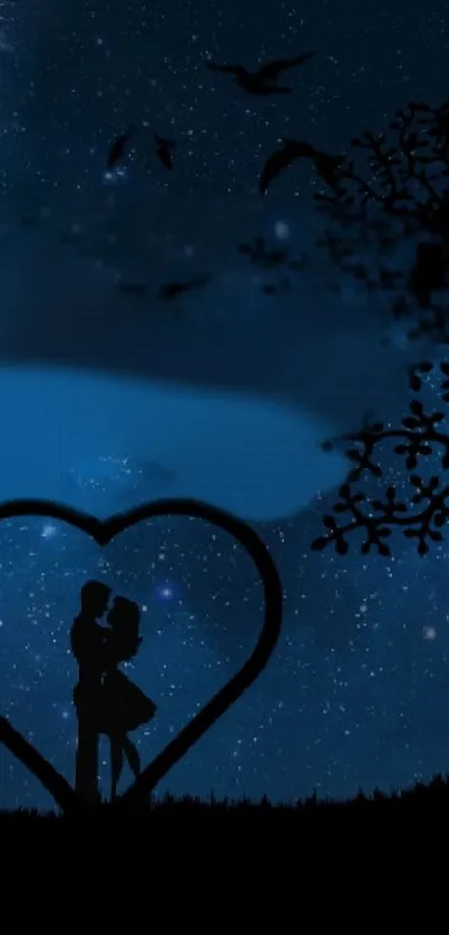 Romantic couple silhouette under starry sky wallpaper.