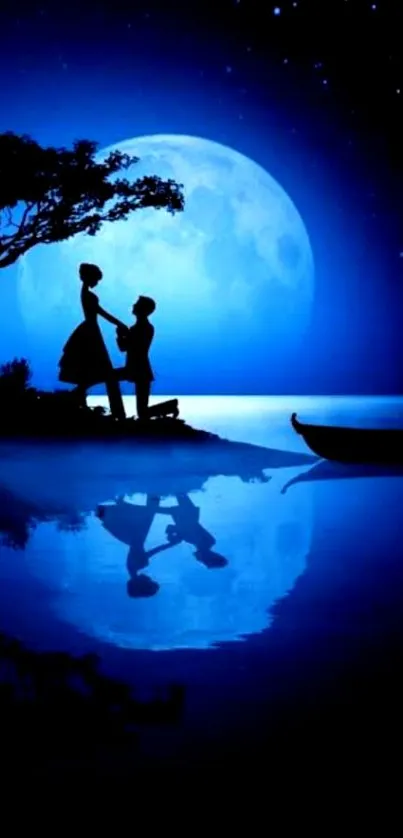 Silhouette of couple under blue full moon reflection.