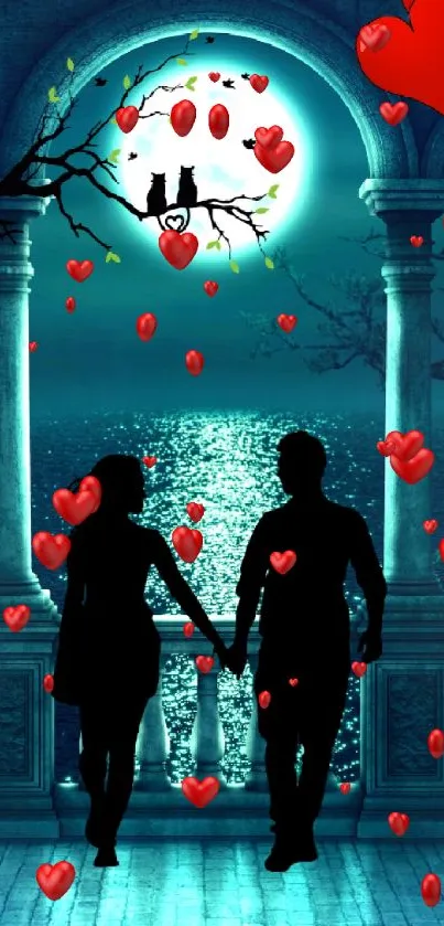 Romantic couple silhouette with moonlit sea and heart balloons.