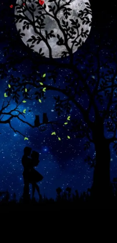 Romantic silhouette under a moonlit night sky with stars.