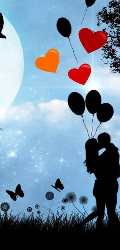 Silhouette couple with balloons against a starry night sky with hearts and butterflies.