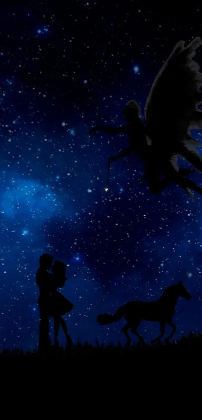 Silhouette of love and fantasy under a starry night sky.