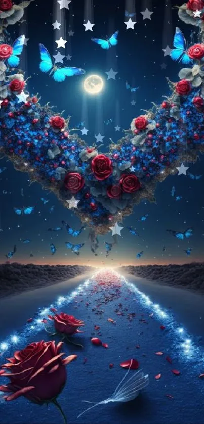 Night sky with heart-shaped flowers and blue butterflies.