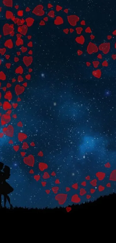 Romantic night sky wallpaper with hearts and silhouetted couple.