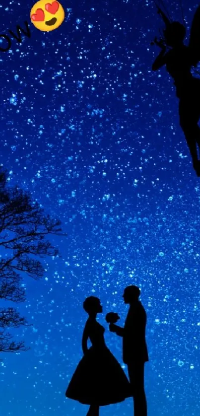 Romantic silhouette under starry sky with fairy and moon.