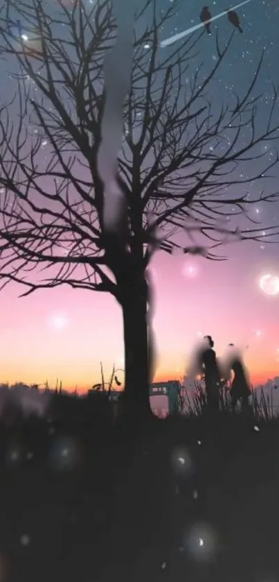 Silhouetted tree and couple under a starry, colorful night sky.