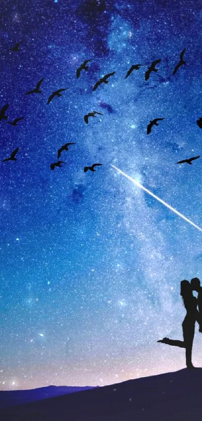 Romantic couple silhouette under starry sky with shooting star.