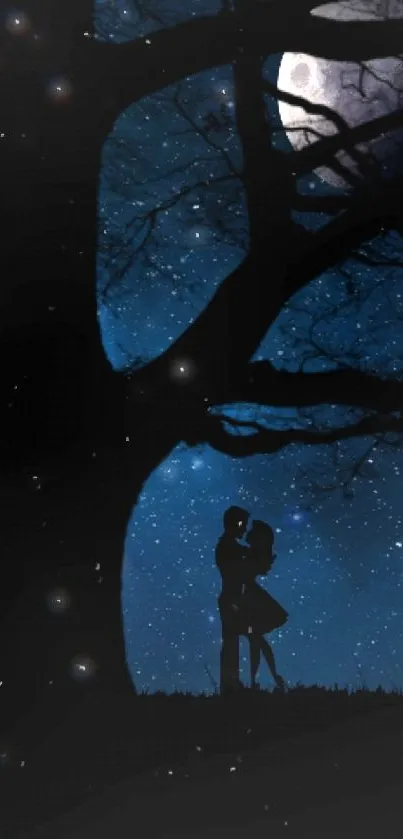 Romantic couple silhouette under a starry night sky.