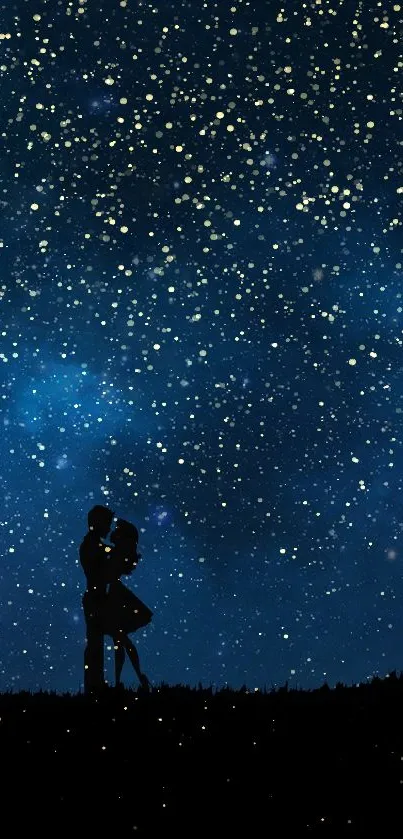 Couple in silhouette under a starry dark blue sky.