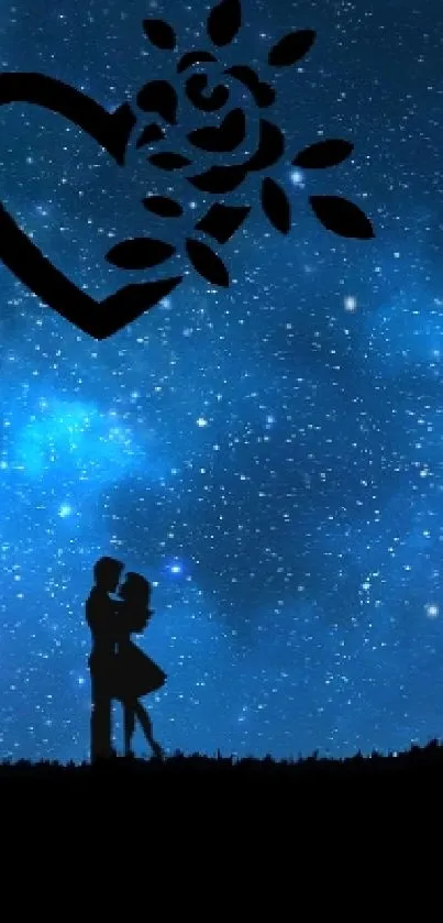 Romantic couple silhouette under a starry night sky with heart-shaped floral design.