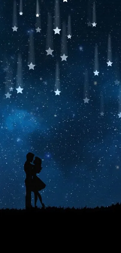 A silhouette of a couple under a starry dark blue night sky.