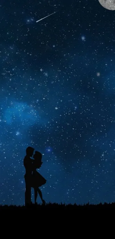 Couple silhouette under a starry night sky with a bright moon.