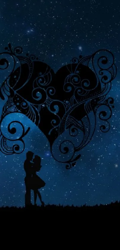 Silhouetted couple under a starry night sky with heart design.