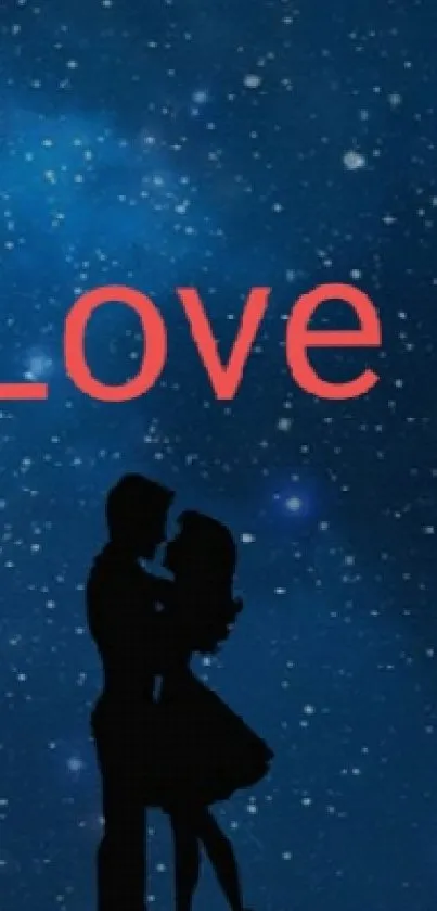 Silhouette of a couple under a starry night sky with the word love.