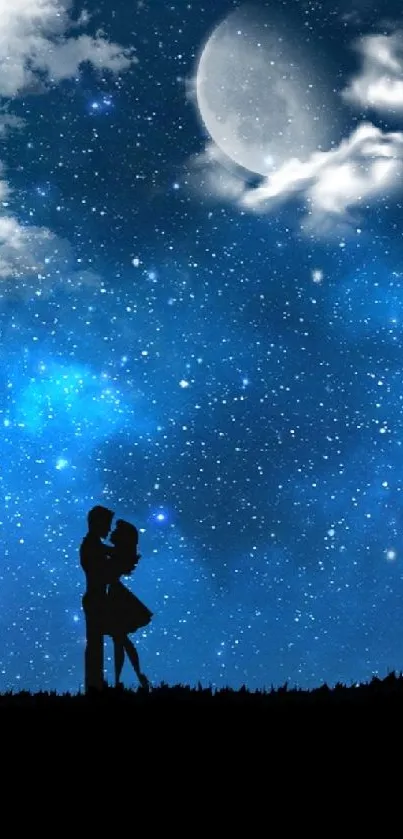 Couple silhouette under a moonlit starry night sky wallpaper.