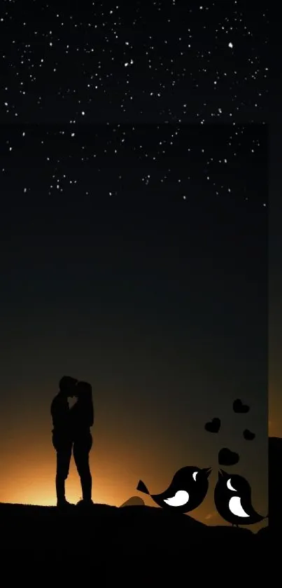 Silhouetted couple under a starry sky with romantic theme.