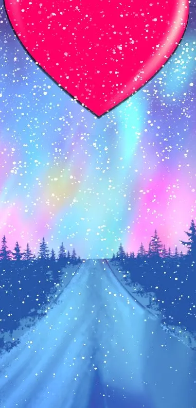Romantic night sky wallpaper with vibrant colors and heart balloon.