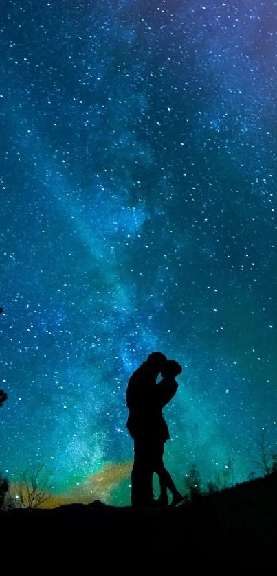 Starry night sky with couple silhouette and deep blue hues.