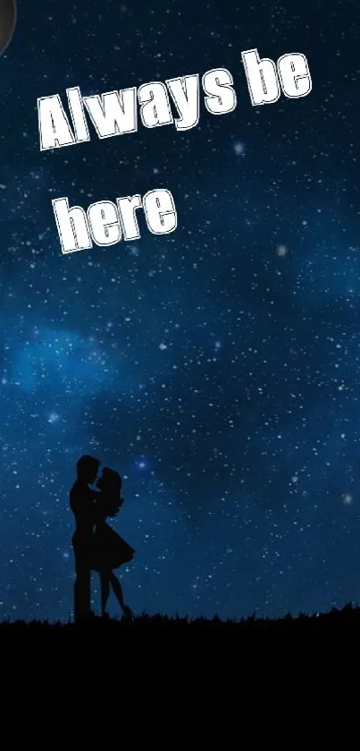 Romantic night sky wallpaper with silhouetted couple and stars.