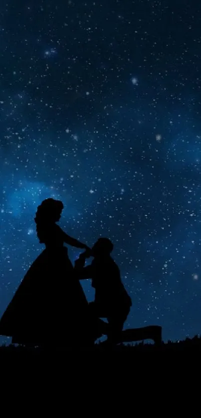 Romantic silhouette under a starry night sky wallpaper.