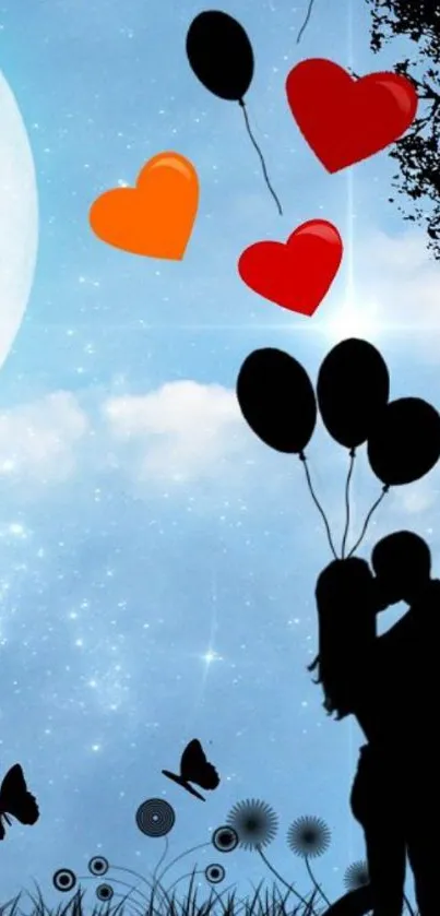 Romantic silhouette couple under a starry sky with heart balloons.