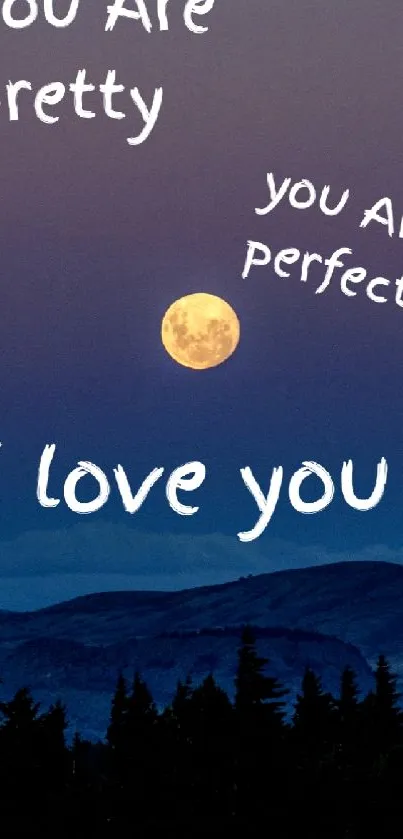 Romantic wallpaper with moon and love quotes over a dark blue night sky.