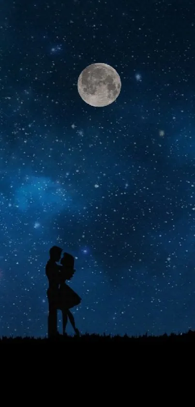 Silhouetted couple under a starry night sky with a glowing moon.