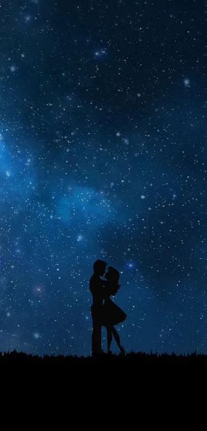 Silhouette couple under a starry night sky with tree and horizon.